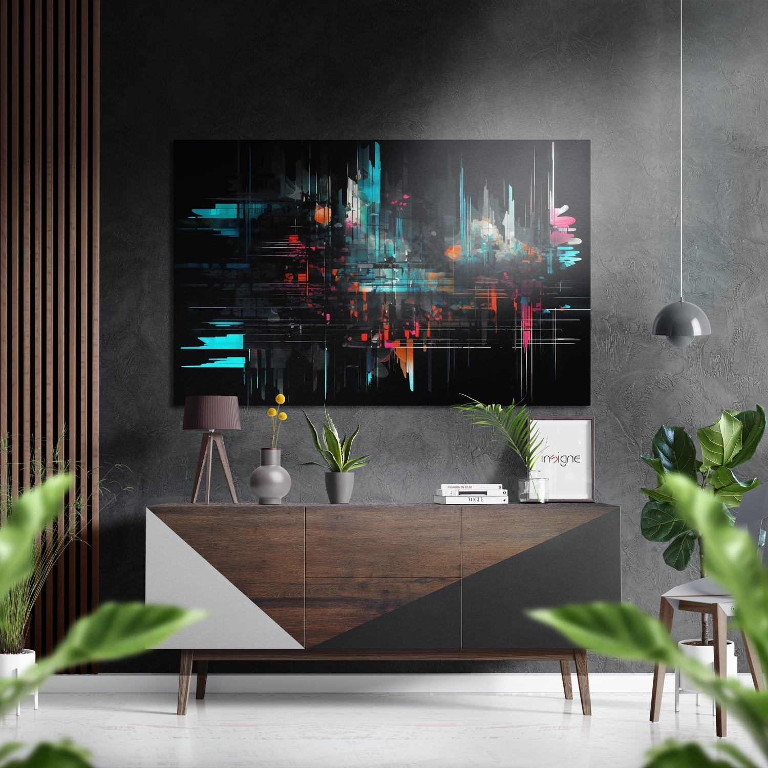 Teal Glitch Abstract Cityscape Brushed Aluminum Dibond Wall Art