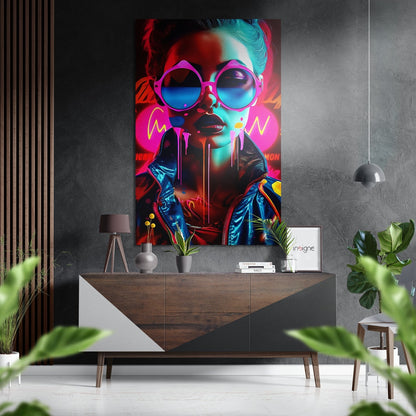 Pink Sunglasses Neon Woman Brushed Aluminum Dibond Wall Art