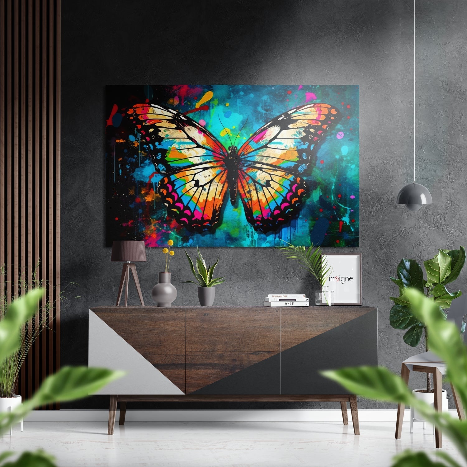 Splattered Neon Butterfly on Teal Brushed Aluminum Dibond Wall Art