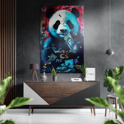 Blue Panda In Falling Dollar Rain Brushed Aluminum Dibond Wall Art