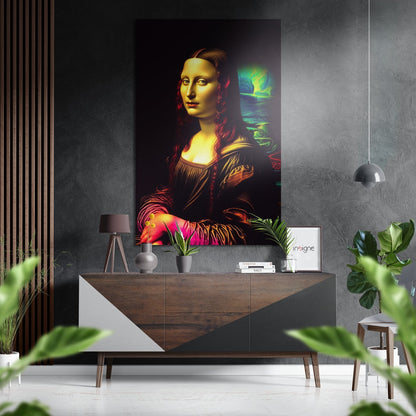 Mona Lisa Neon Gold Glow Portrait Brushed Aluminum Dibond Wall Art