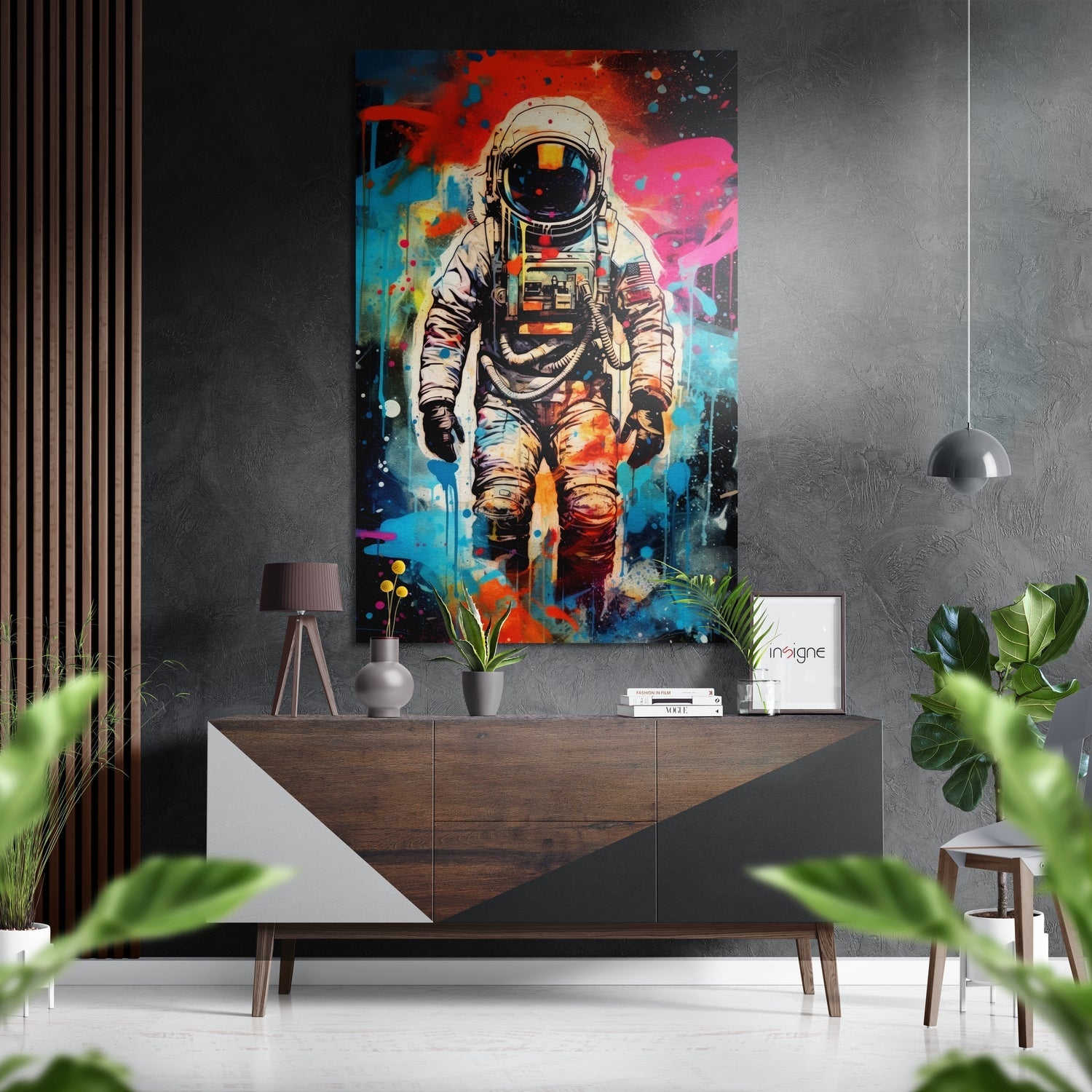 Teal Splatter Graffiti Astronaut Brushed Aluminum Dibond Wall Art
