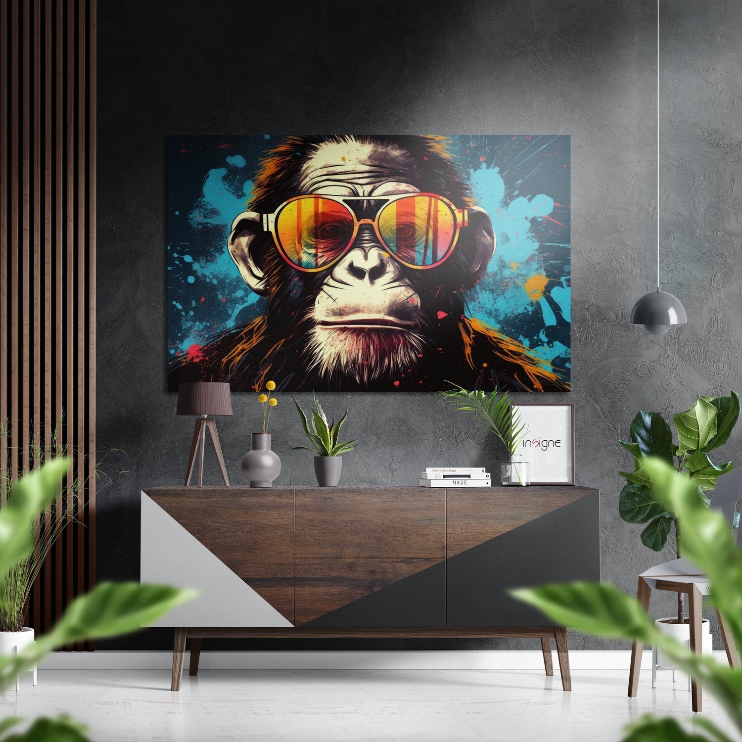 Striped Aviator Chimp Teal Splatter Brushed Aluminum Dibond Wall Art