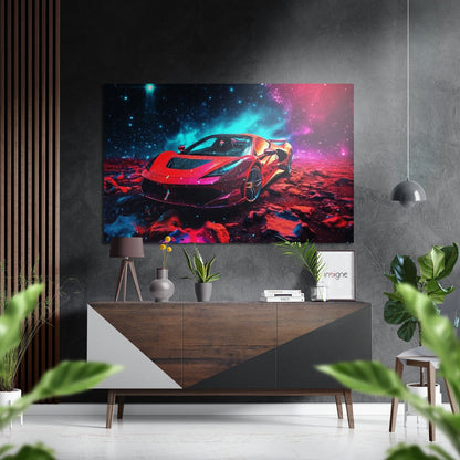 Red Sports Car Teal Pink Cosmic Dust Brushed Aluminum Dibond Wall Art