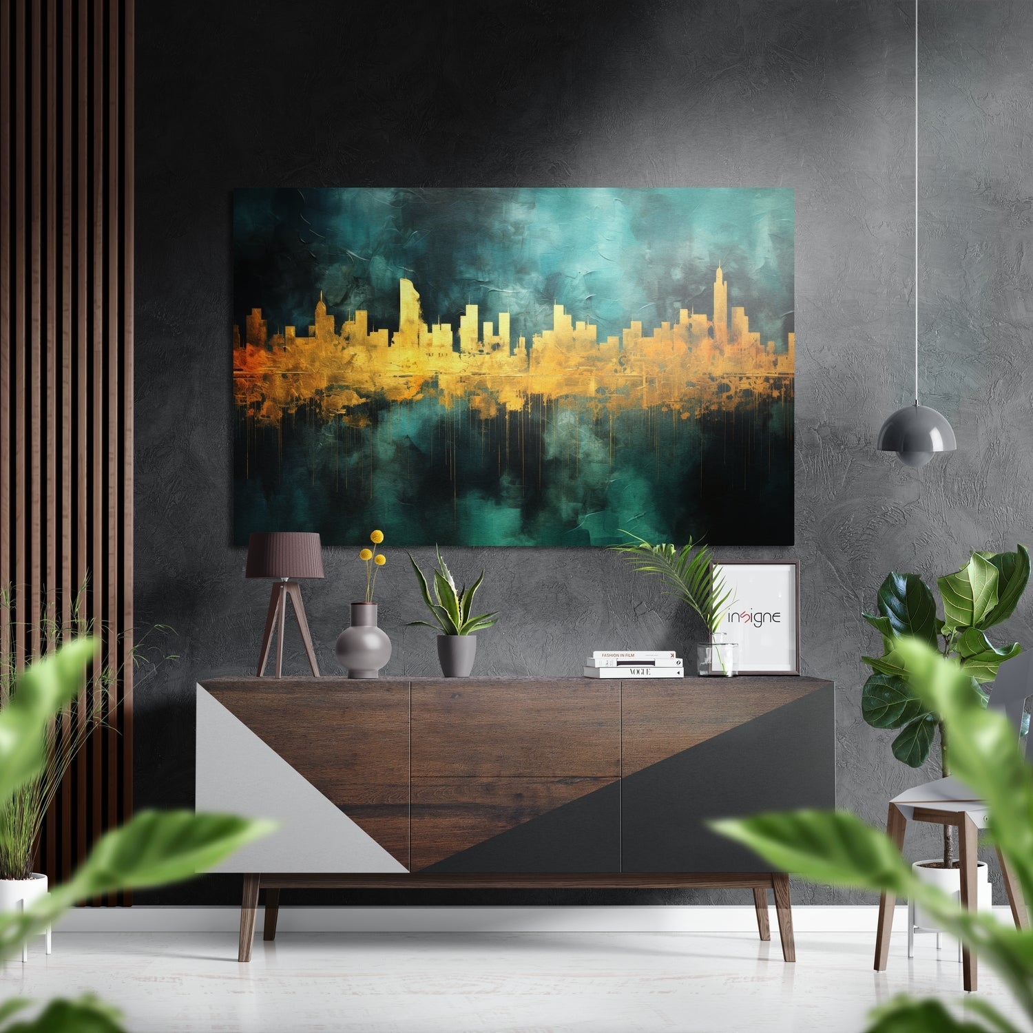 Golden Teal City Skyline Brushed Aluminum Dibond Wall Art