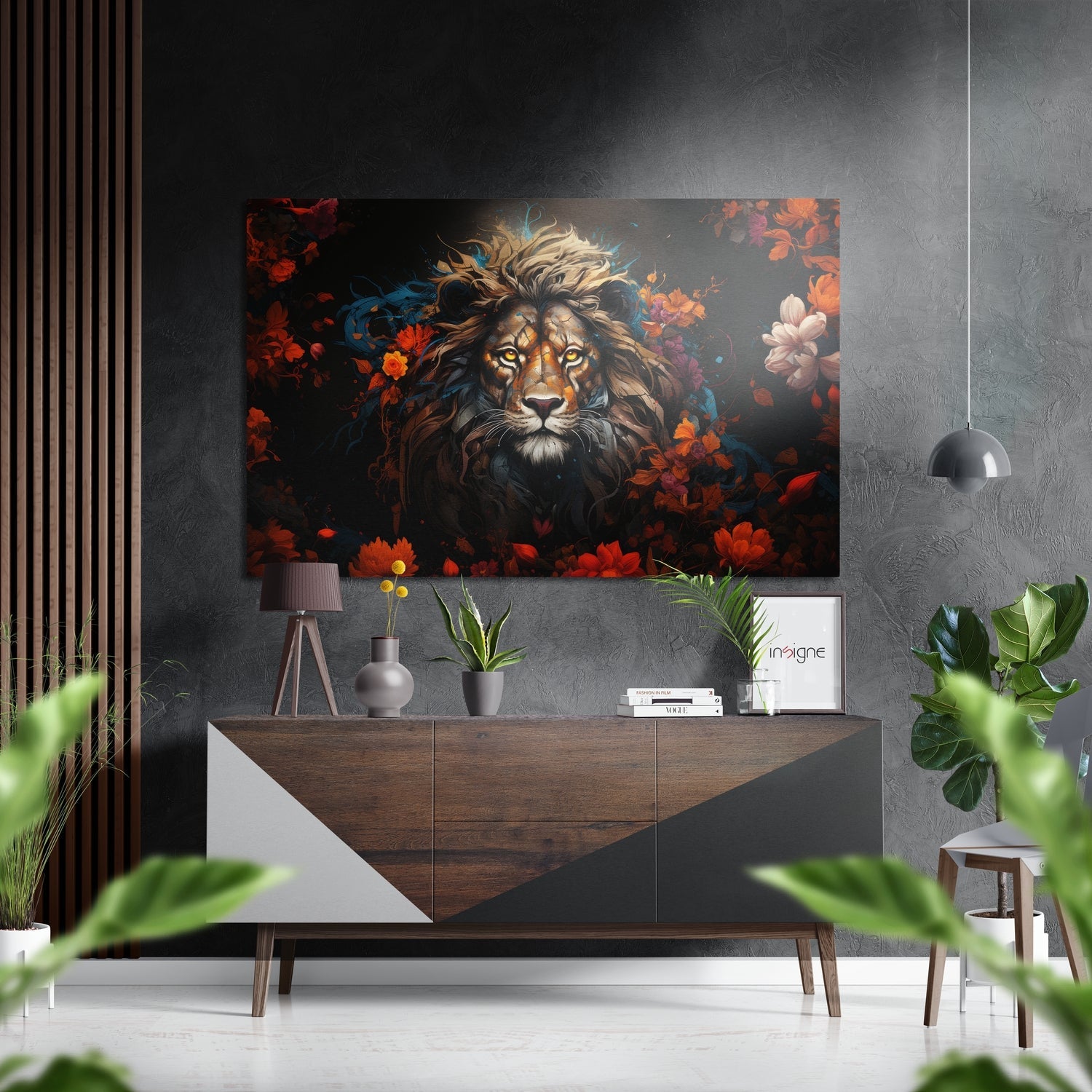Lion Among Red Blossoms Brushed Aluminum Dibond Wall Art