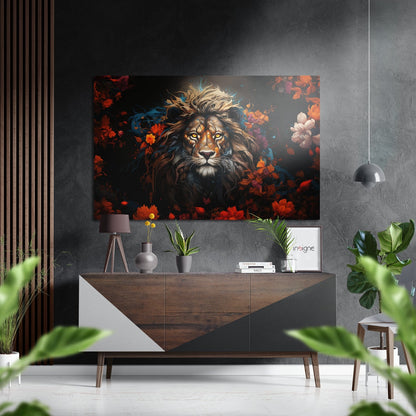 Lion Among Red Blossoms Brushed Aluminum Dibond Wall Art