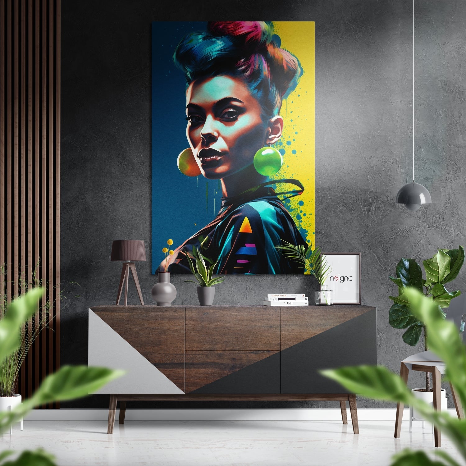 Pop Art Woman Green Earrings Brushed Aluminum Dibond Wall Art