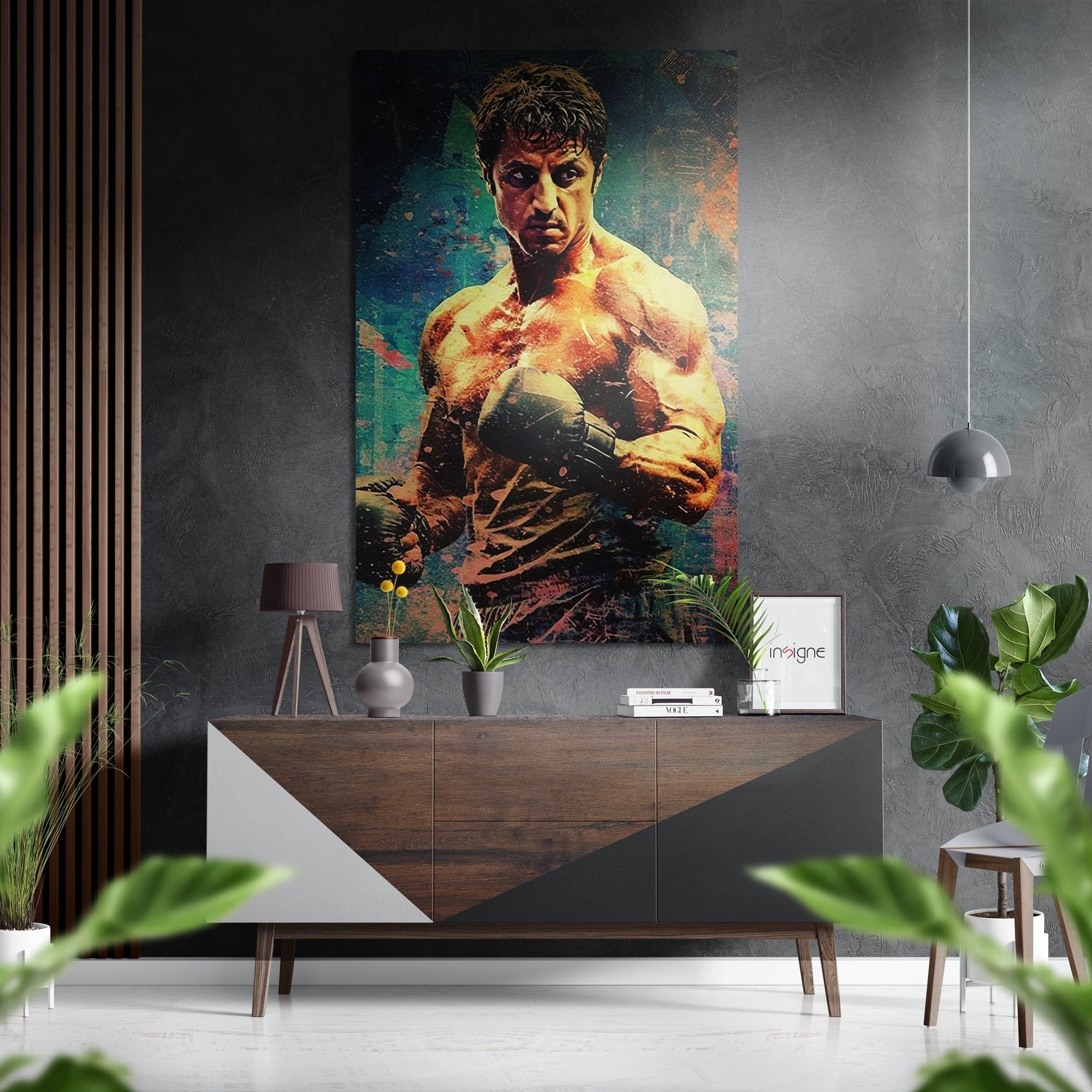 Teal Grunge Boxer Fighter Portrait Brushed Aluminum Dibond Wall Art