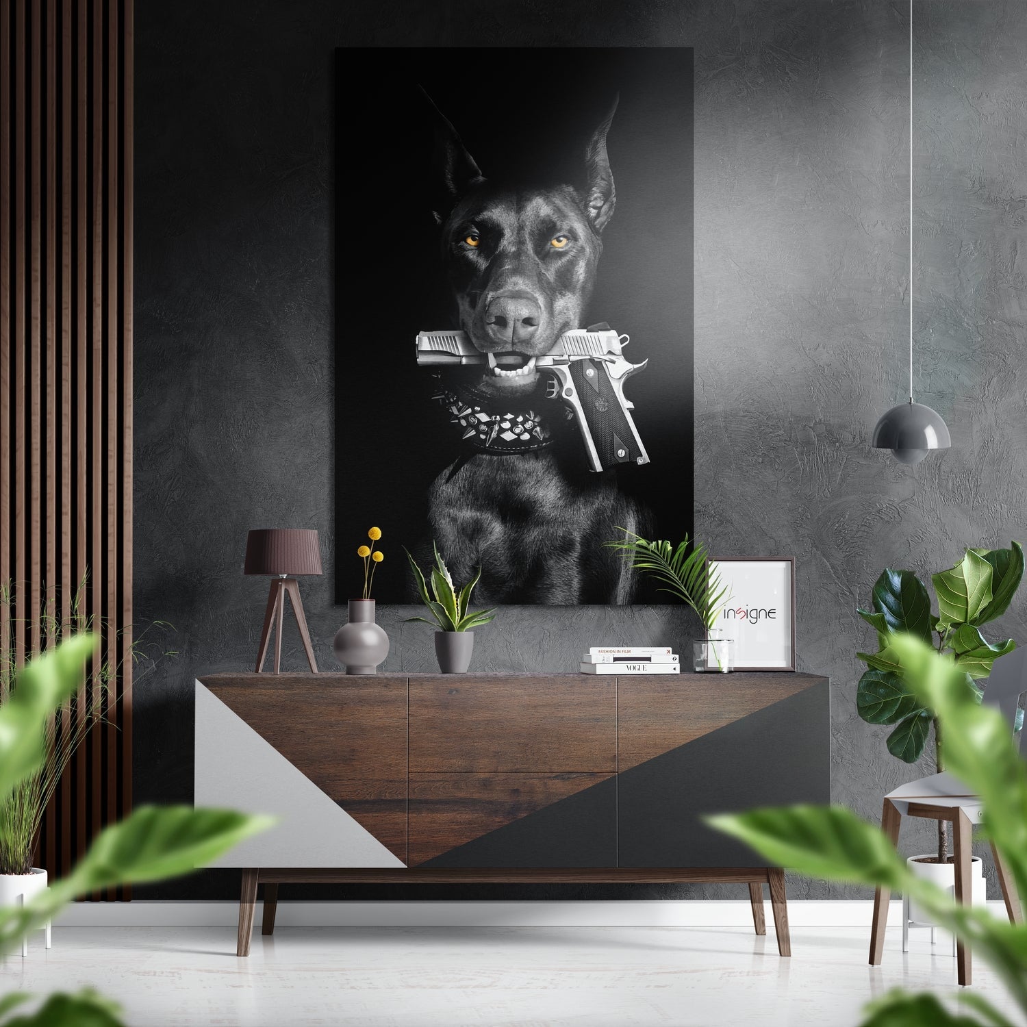 Black Doberman With Silver Pistol Brushed Aluminum Dibond Wall Art