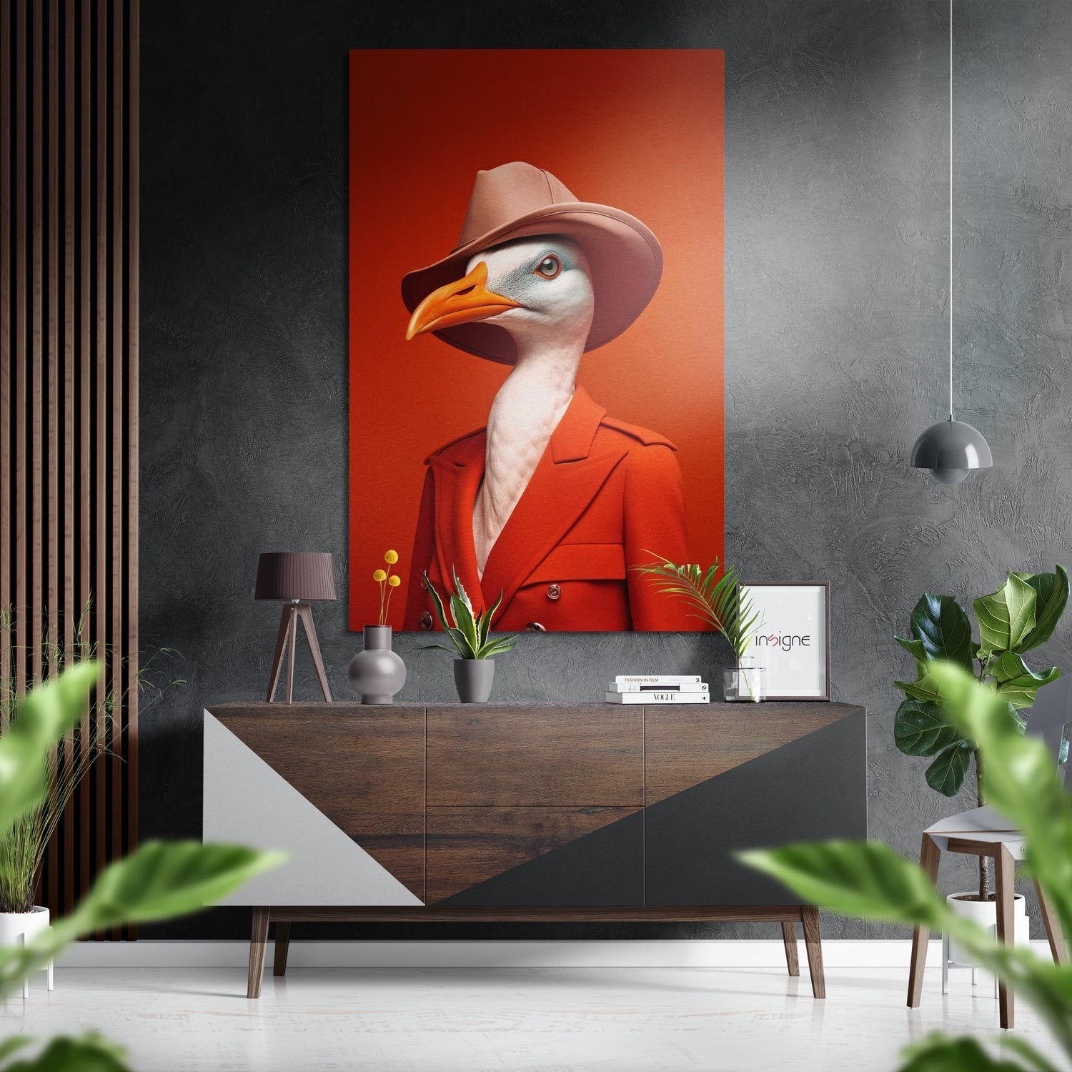 Coral Fedora Goose in Red Coat Brushed Aluminum Dibond Wall Art