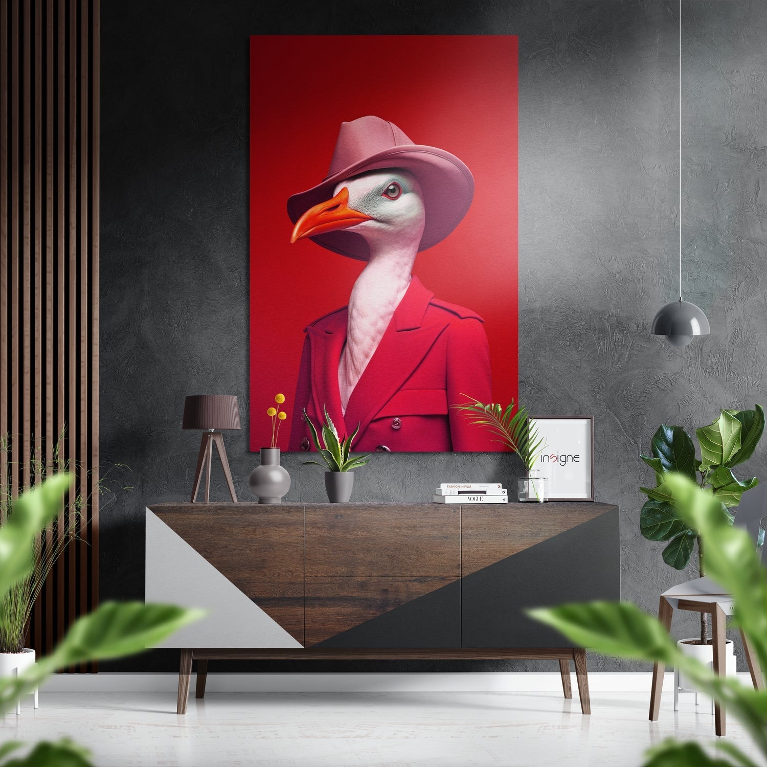 Crimson Hat Goose in Pink Blazer Brushed Aluminum Dibond Wall Art