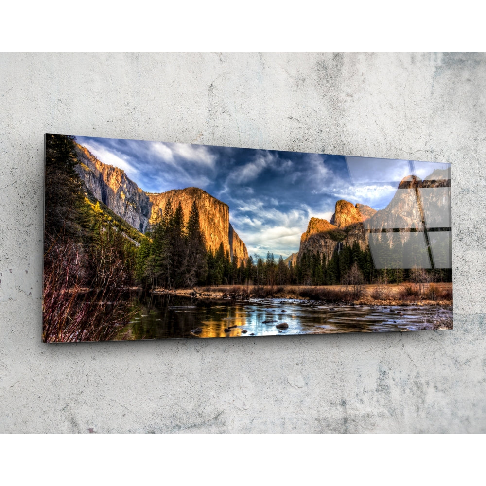 Golden Granite Cliffs River Valley Glass Wall Art