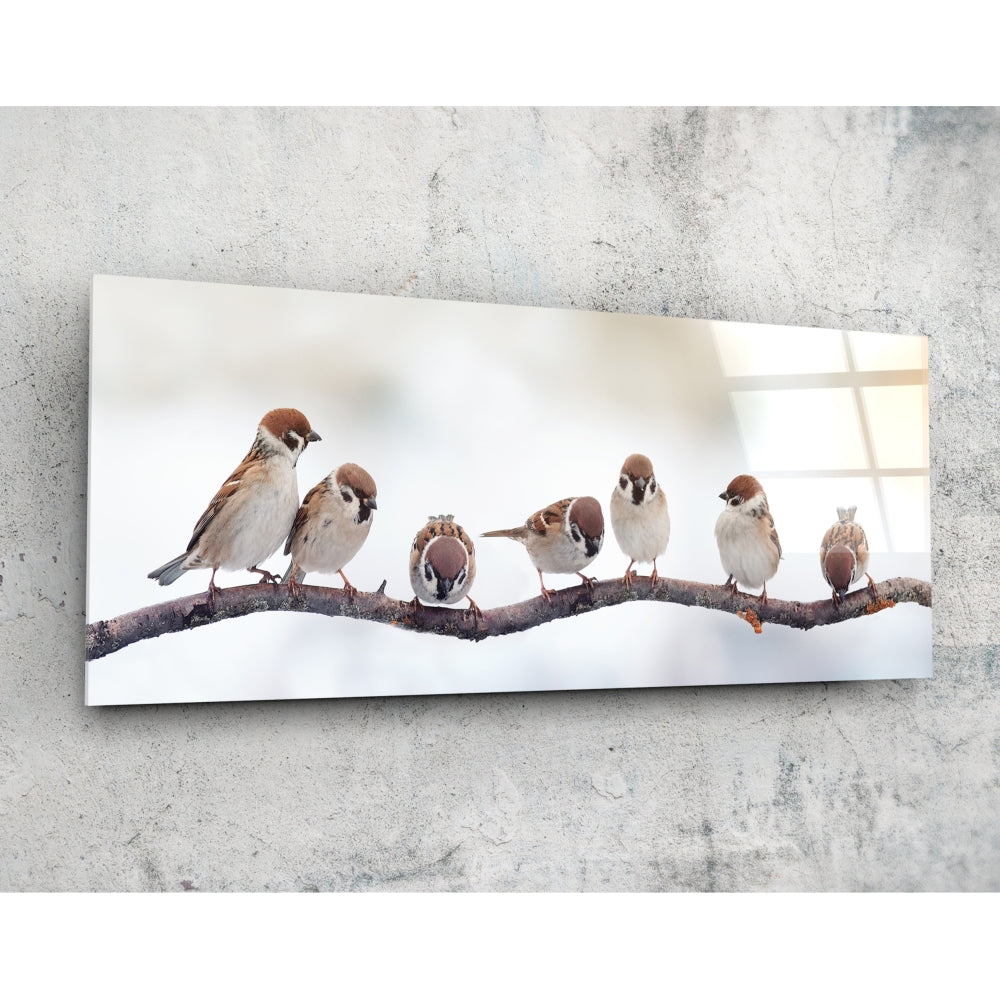 Seven Sparrows On A Bare Branch Glass Wall Art