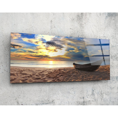 Wooden Boat Sunset Sandy Beach Glass Wall Art