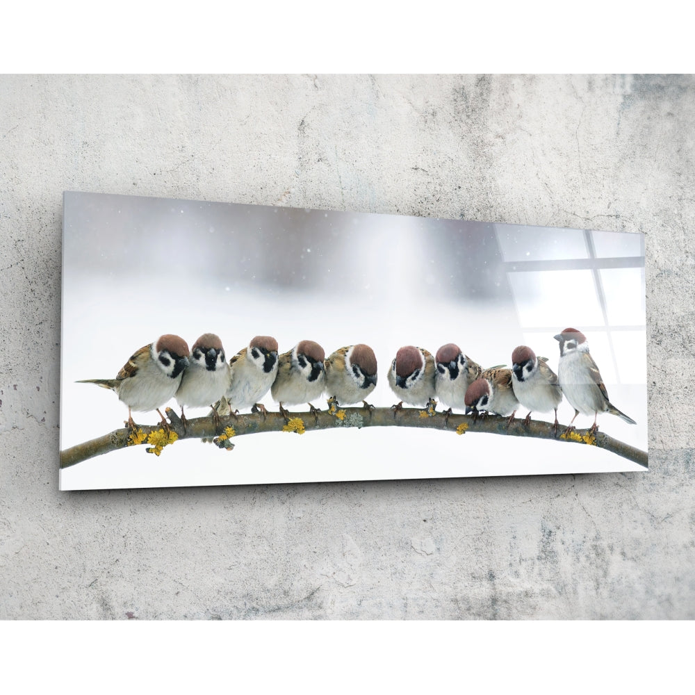 Snowy Sparrow Flock Lichen Branch Glass Wall Art