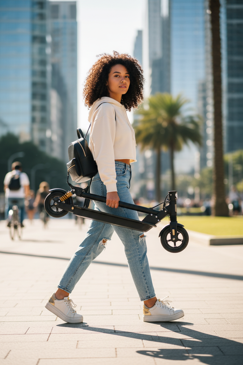 FlipStylez IDEIGITOD Black Foldable Electric Scooter | 24V Lithium Battery, Gold Spring Suspension, LED Headlight, Kids &amp; Adults E-Scooter