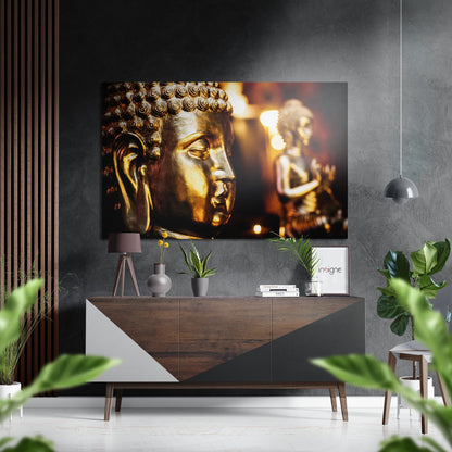 Golden Buddha Face Closeup Brushed Aluminum Dibond Wall Art