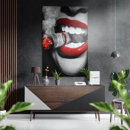 Red Lips Burning Money Roll Brushed Aluminium Dibond Wall Art