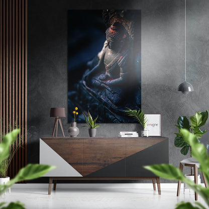 Dark Blue Praying Statue Buddha Brushed Aluminum Dibond Wall Art
