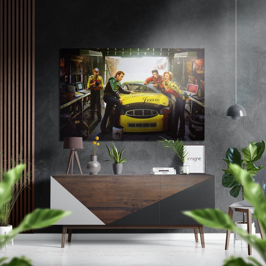 Retro Garage Yellow Racecar Brushed Aluminium Dibond Wall Art