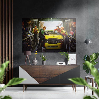 Retro Garage Yellow Racecar Brushed Aluminium Dibond Wall Art