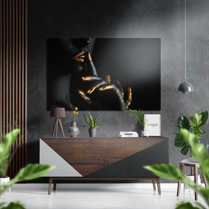 Gold Lips And Fingers Silence Brushed Aluminium Dibond Wall Art