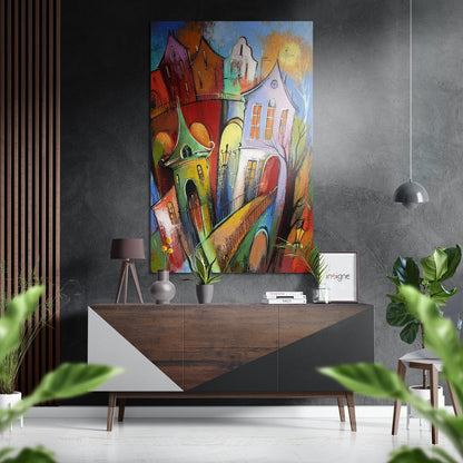 Whimsical Leaning Houses Hillside Brushed Aluminium Dibond Wall Art