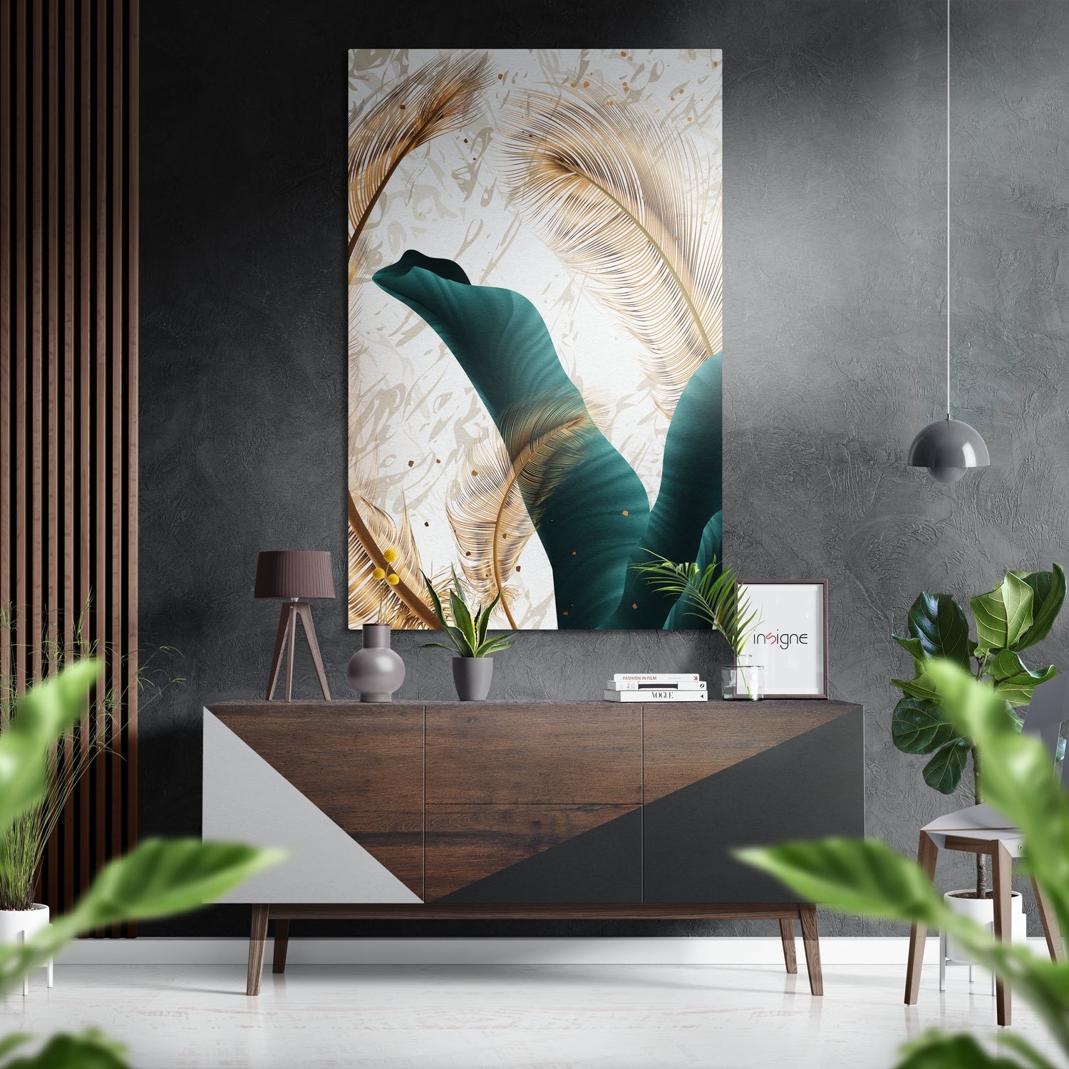 Emerald Blades and Ivory Feathers Brushed Aluminium Dibond Wall Art