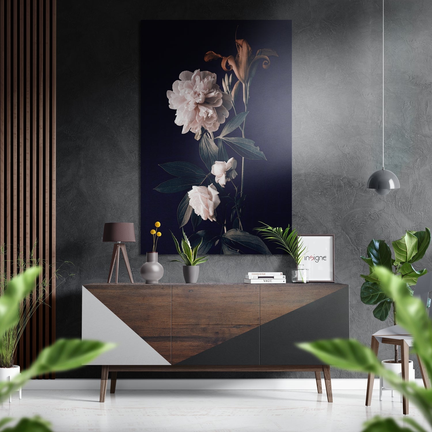 White Peony on Navy Backdrop Brushed Aluminium Dibond Wall Art