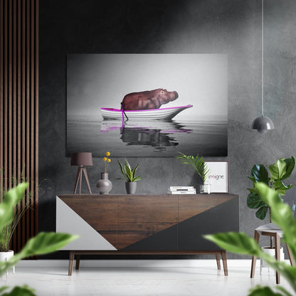 Hippo in Boat Pink Accent Gray Brushed Aluminium Dibond Wall Art