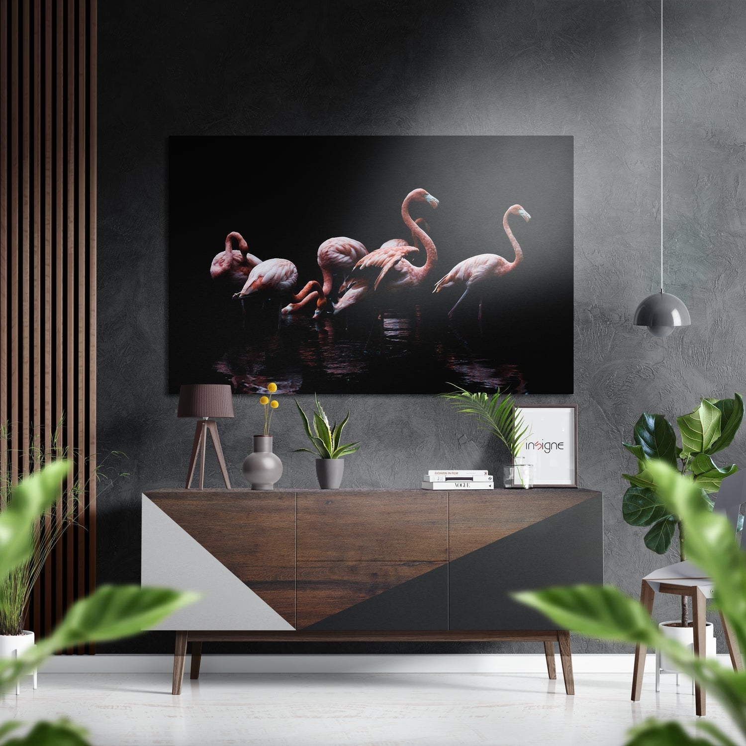 Flamingo Flock On Black Brushed Aluminium Dibond Wall Art