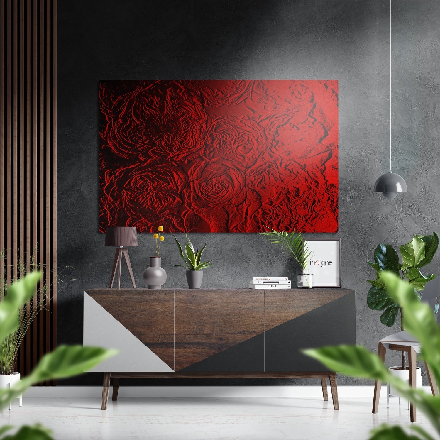 Red Embossed Roses Relief Brushed Aluminium Dibond Wall Art