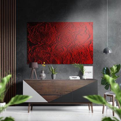 Red Embossed Roses Relief Brushed Aluminium Dibond Wall Art