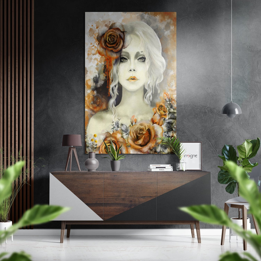 White Haired Woman With Orange Roses Brushed Aluminium Dibond Wall Art