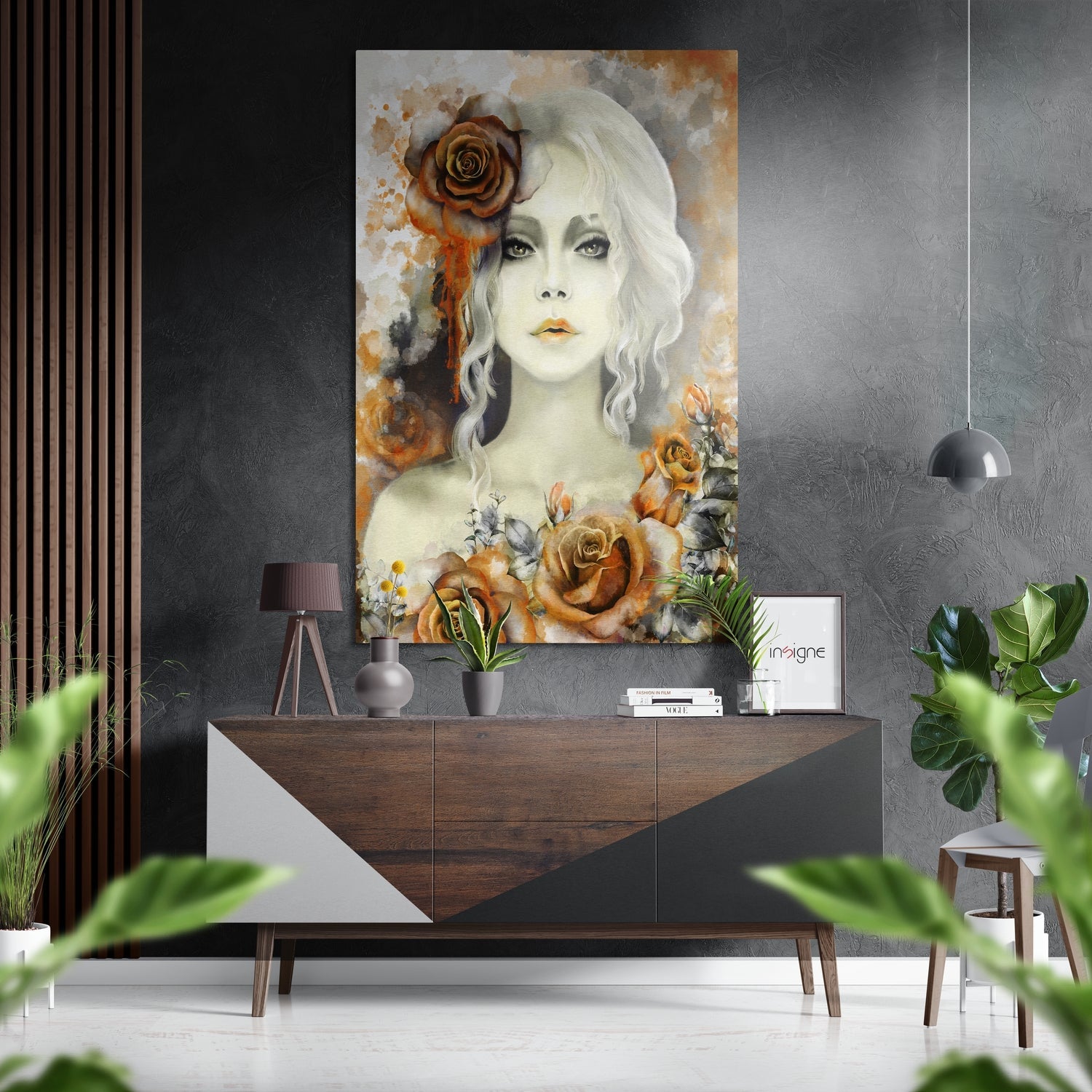 White Haired Woman With Orange Roses Brushed Aluminium Dibond Wall Art