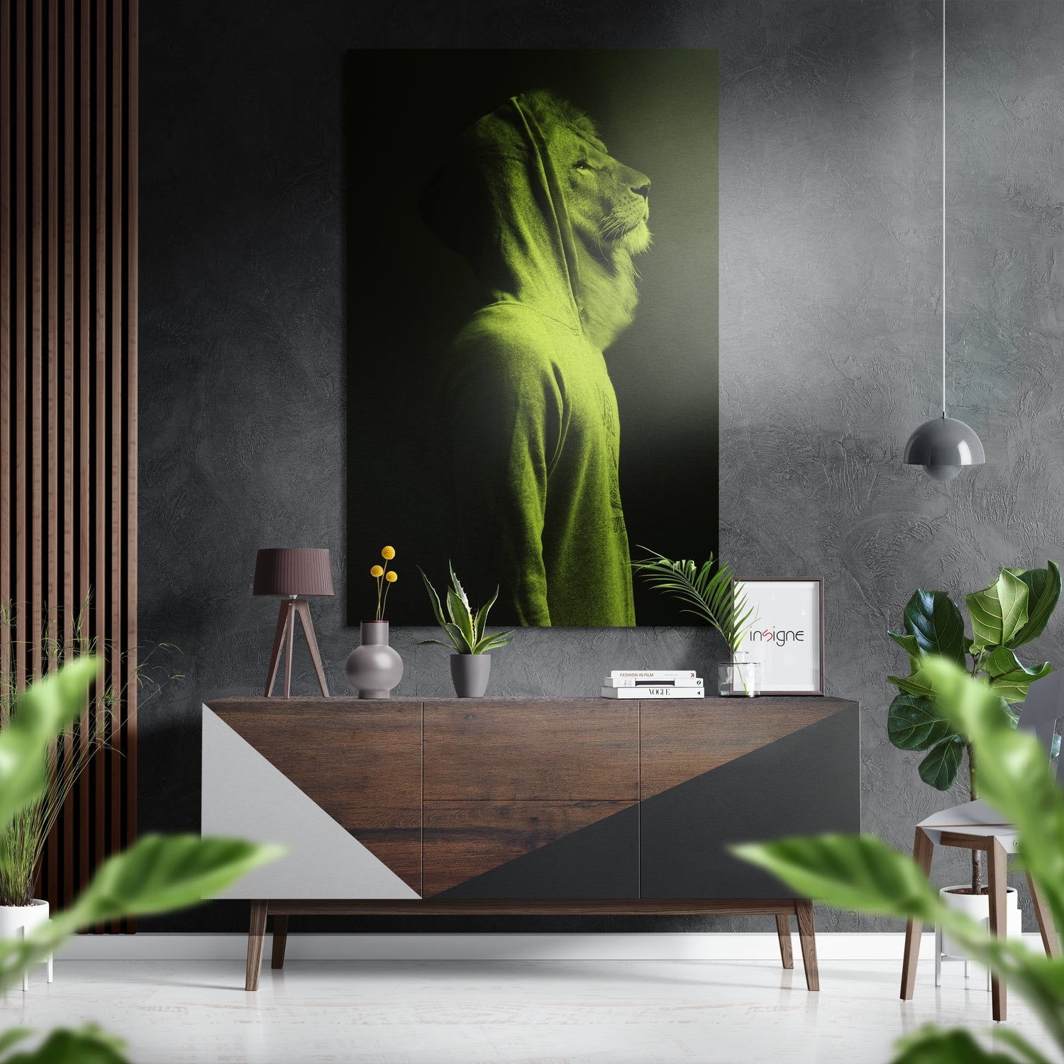 Lime Green Hoodie Lion Portrait Brushed Aluminium Dibond Wall Art