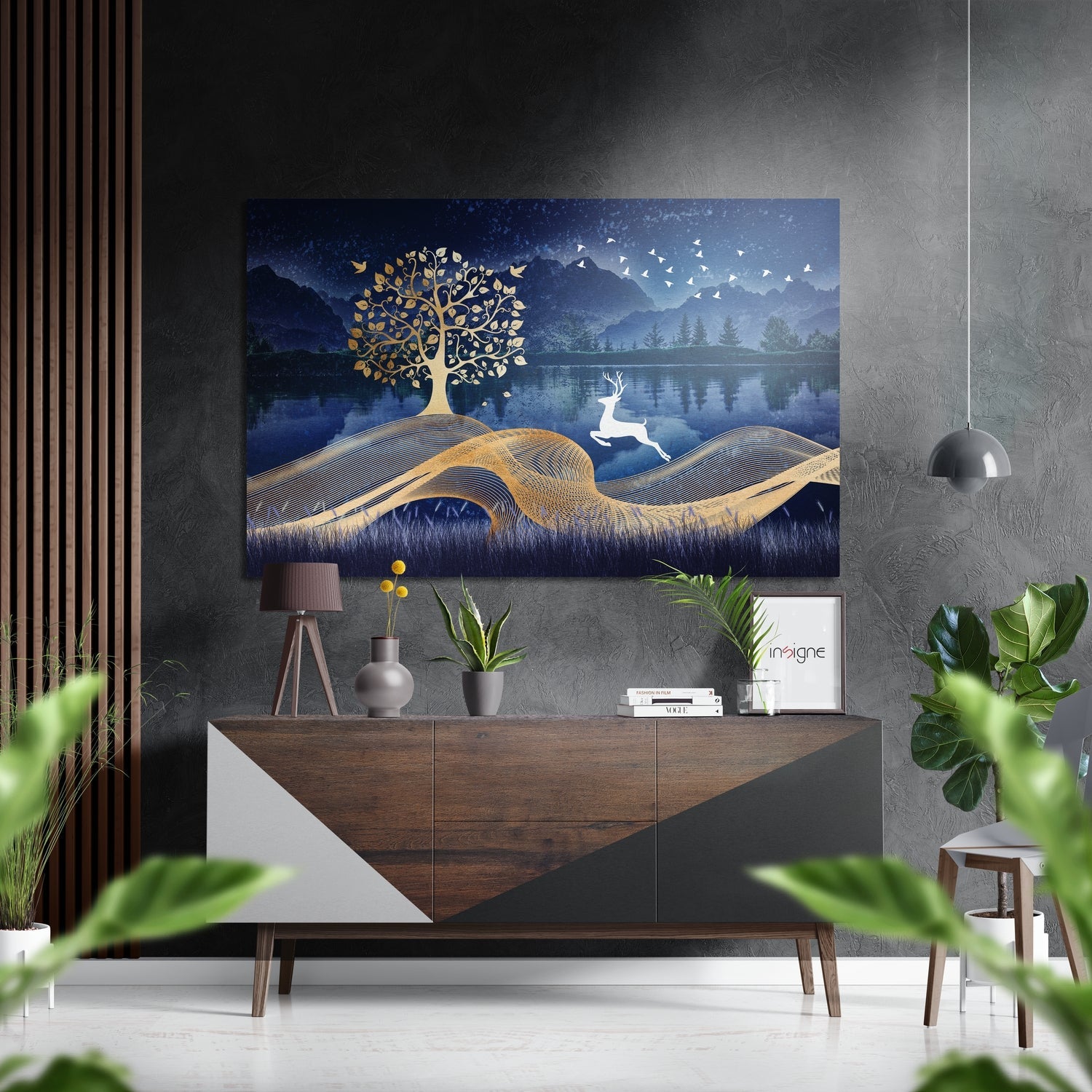 Leaping White Deer Gold Tree Lake Brushed Aluminium Dibond Wall Art