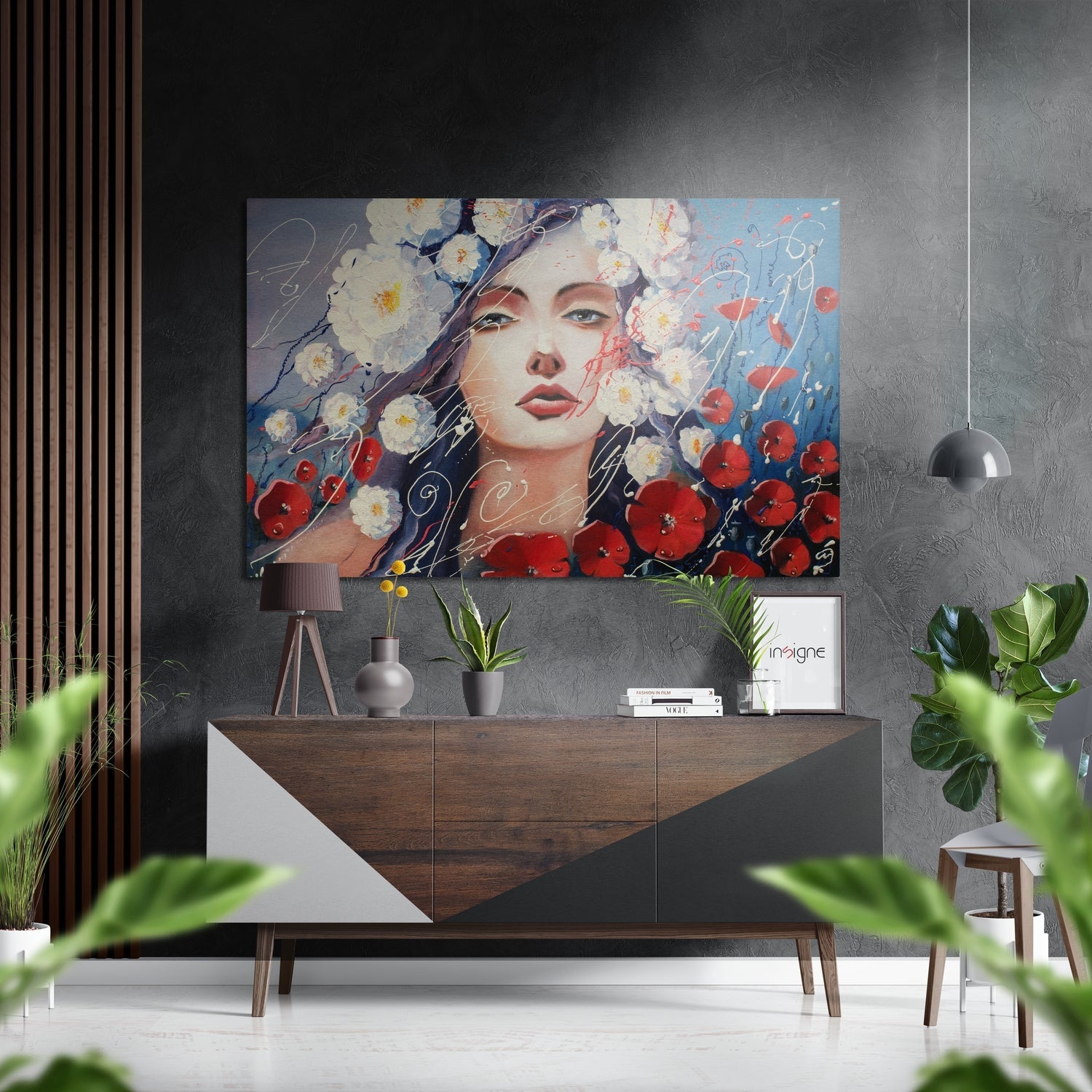 Red Poppies And White Blossoms Woman Brushed Aluminium Dibond Wall Art