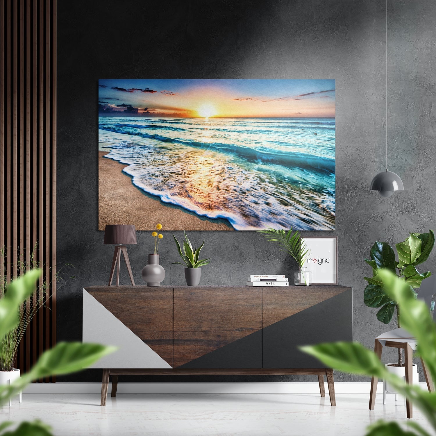 Turquoise Waves Beach Sunset Brushed Aluminium Dibond Wall Art