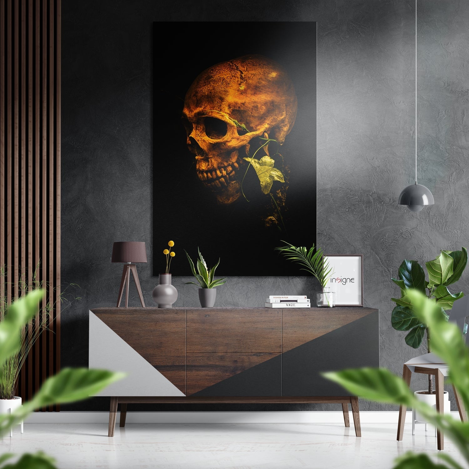 Golden Skull with Ivy Brushed Aluminium Dibond Wall Art
