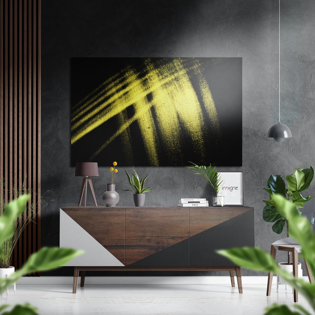Yellow Brushstroke on Black Brushed Aluminium Dibond Wall Art