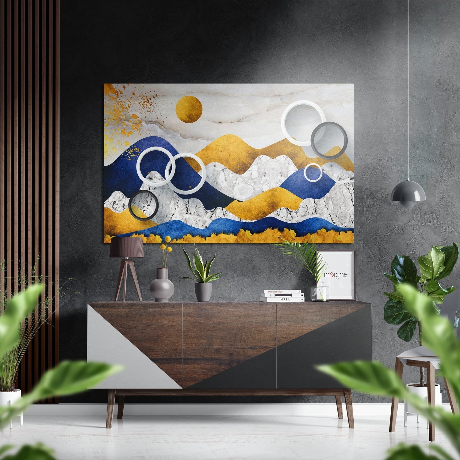 Blue Gold Mountains Circle Rings Brushed Aluminium Dibond Wall Art