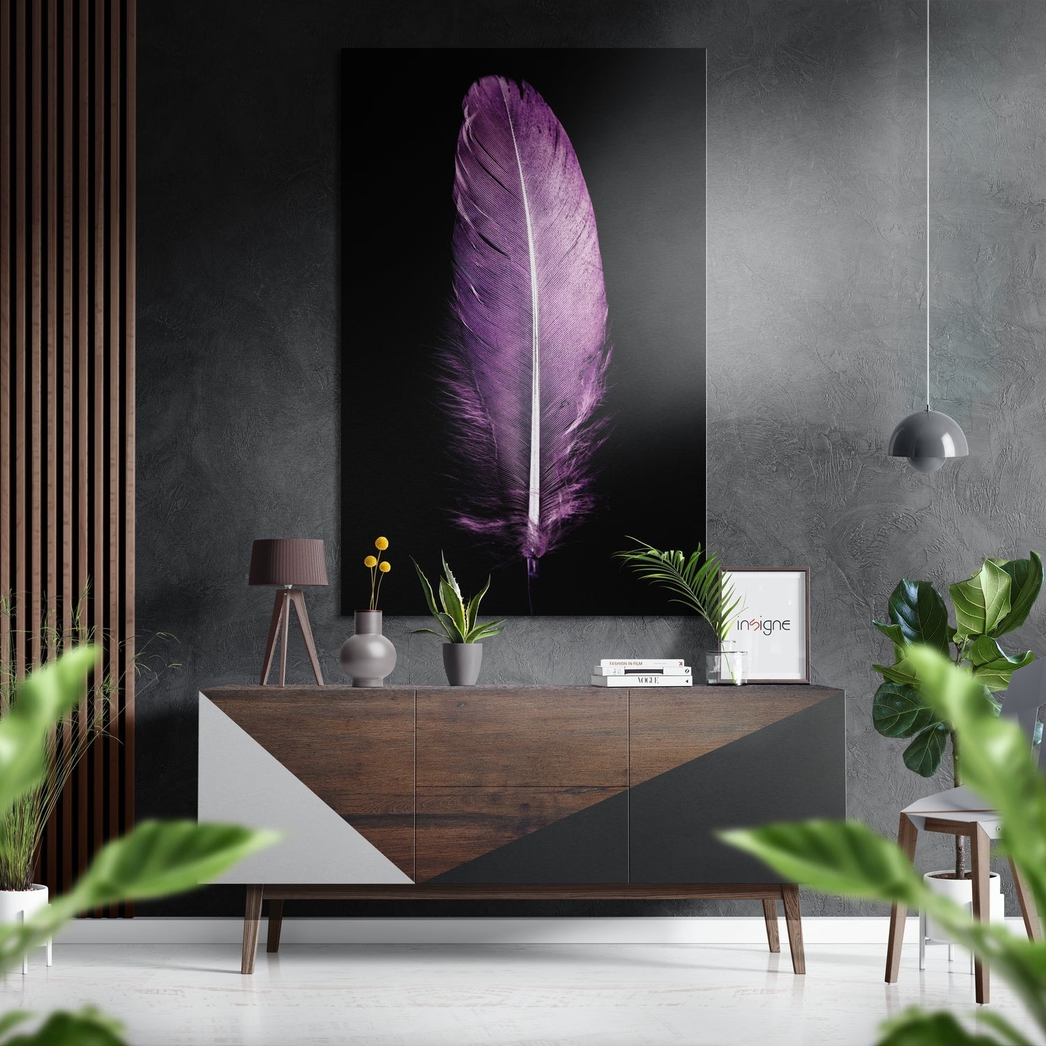 Purple Feather on Black Brushed Aluminium Dibond Wall Art