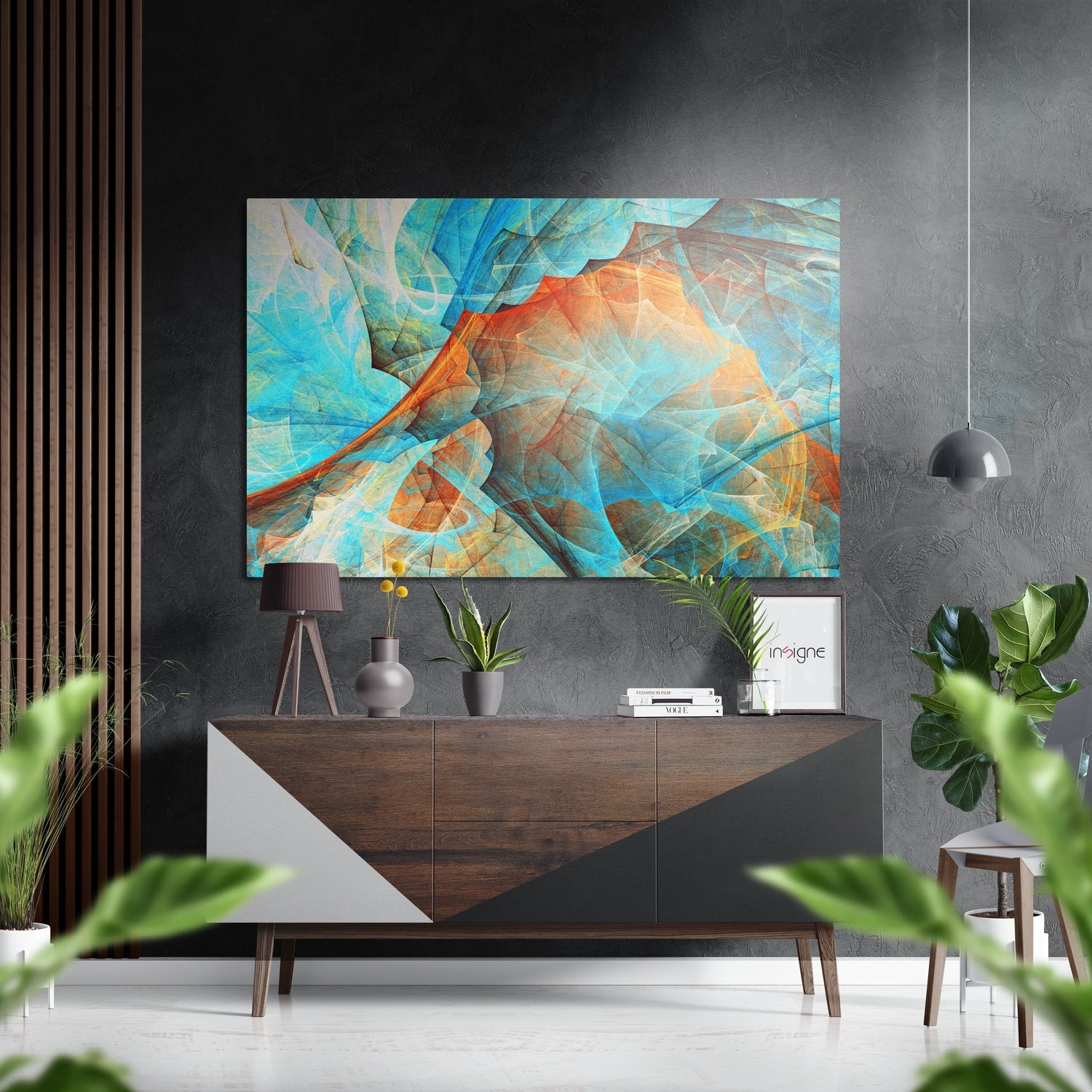 Turquoise Orange Leaf Vein Abstract Brushed Aluminium Dibond Wall Art