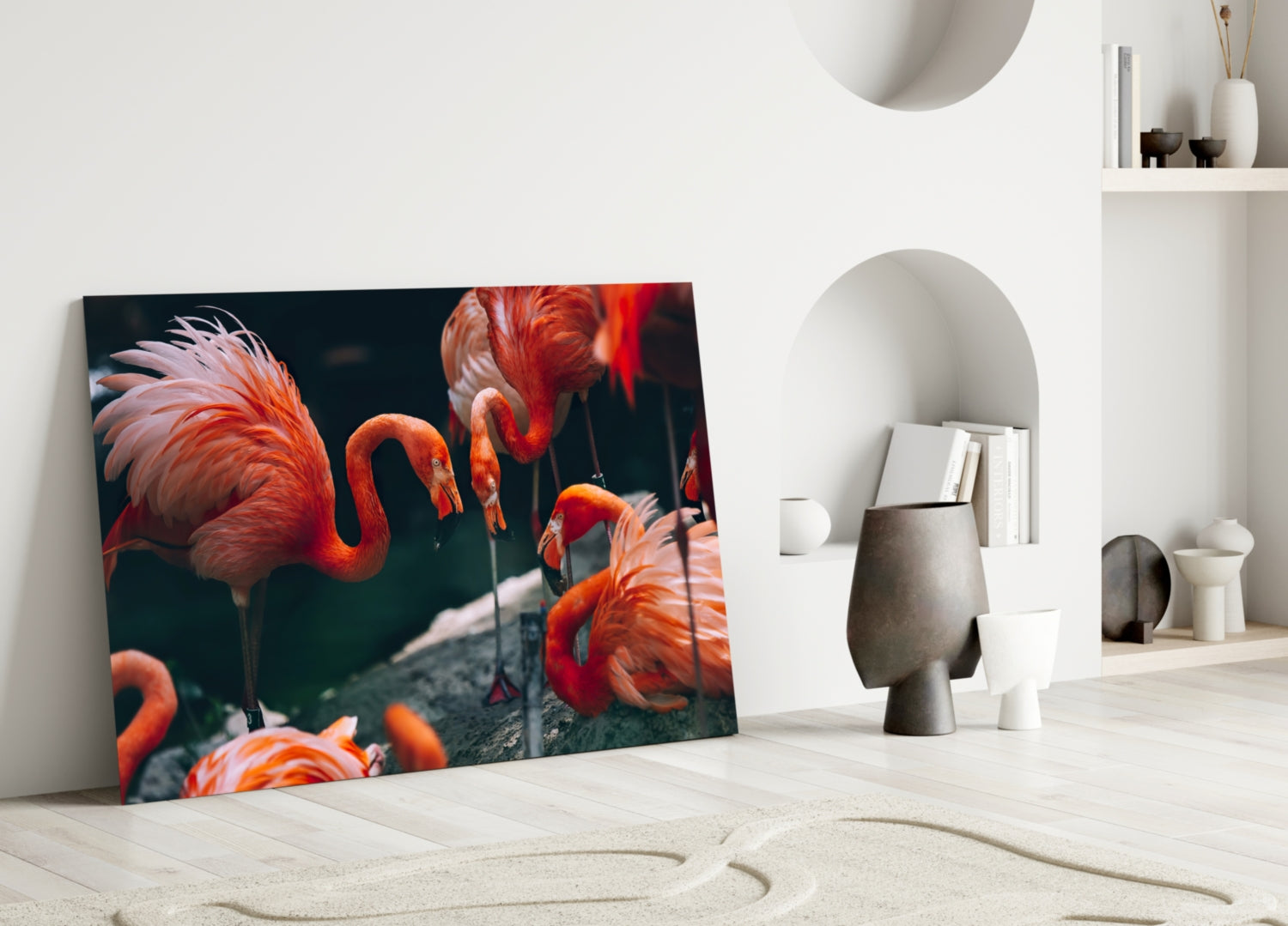 Tropical Foliage Pink Flamingo Flock Glass Wall Art