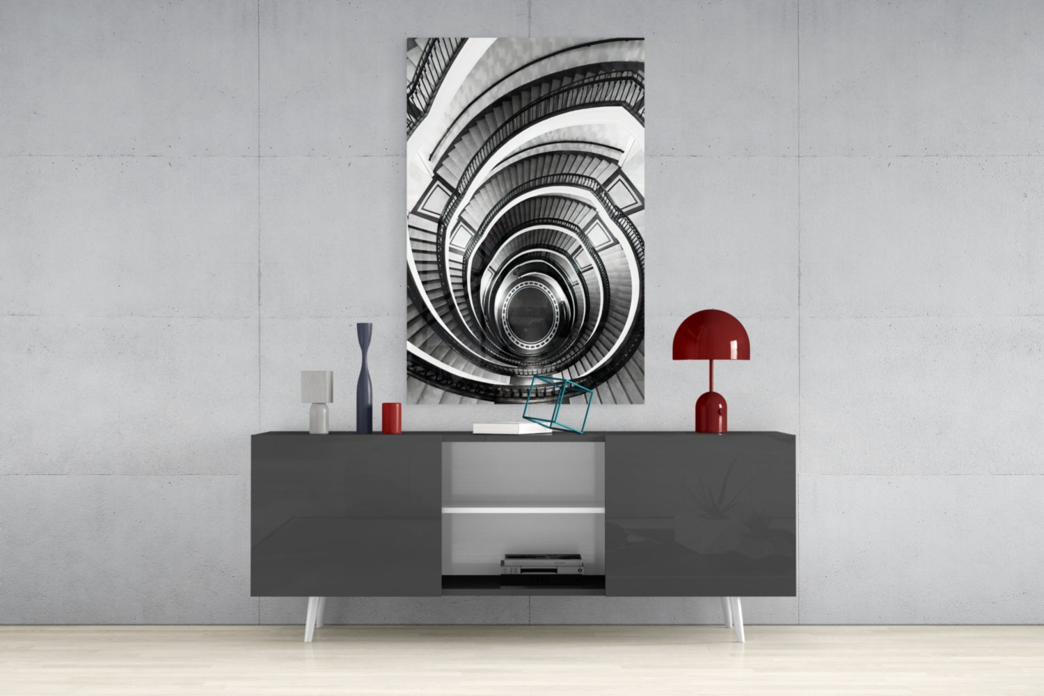Monochrome Spiral Staircase From Above Glass Wall Art