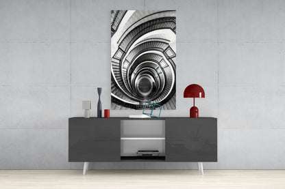 Monochrome Spiral Staircase From Above Glass Wall Art
