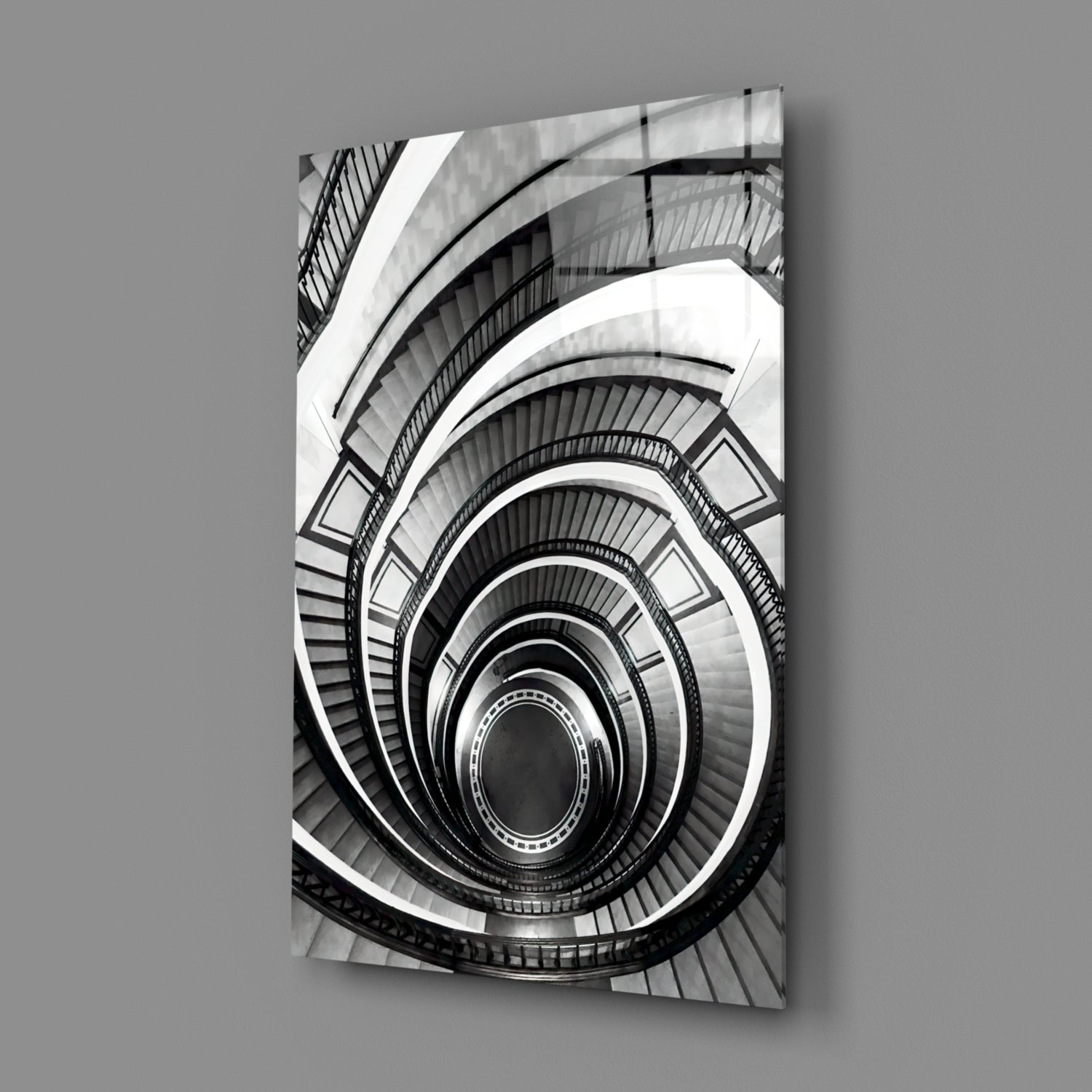 Monochrome Spiral Staircase From Above Glass Wall Art
