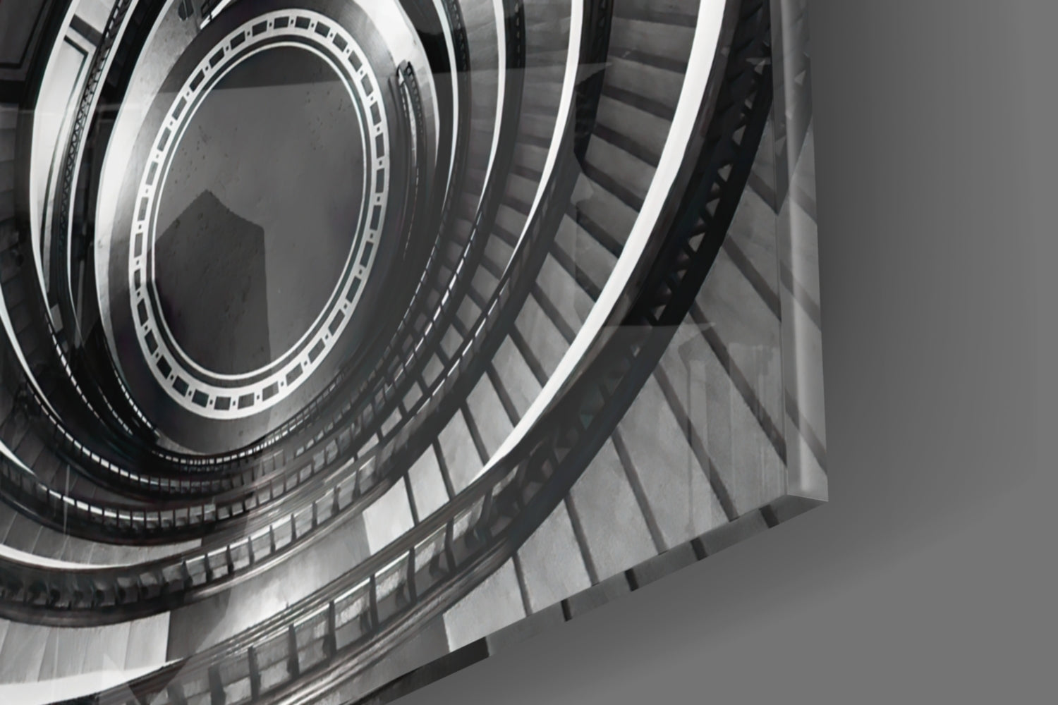 Monochrome Spiral Staircase From Above Glass Wall Art